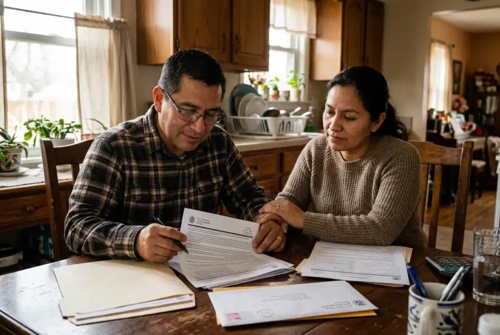 Una pareja hispana revisando con atención documentos y formularios oficiales de inmigración sobre la mesa de su hogar.