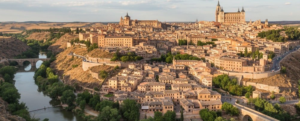 interpretacion-en-toledo Skyline de Toledo con la Catedral Primada y el Alcázar sobre el río Tajo