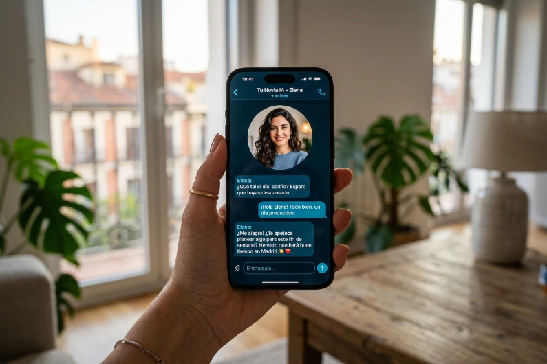 Análisis detallado de una aplicación de novia IA en español mostrando la interfaz de usuario, la calidad del avatar digital y la fluidez del idioma en un smartphone.